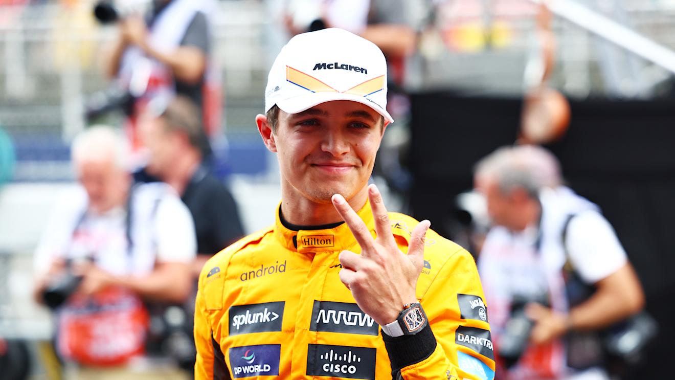 BARCELONA, SPAIN - JUNE 03: Third placed qualifier Lando Norris of Great Britain and McLaren celebrates in parc ferme during qualifying ahead of the F1 Grand Prix of Spain at Circuit de Barcelona-Catalunya on June 03, 2023 in Barcelona, Spain. (Photo by Mark Thompson/Getty Images)