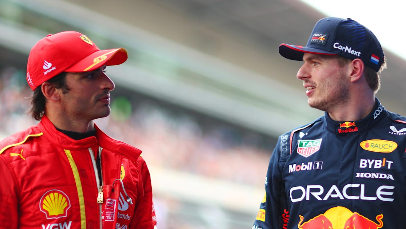 BARCELONA, SPAIN - JUNE 03: Pole position qualifier Max Verstappen of the Netherlands and Oracle Red Bull Racing and Second placed qualifier Carlos Sainz of Spain and Ferrari talk in parc ferme during qualifying ahead of the F1 Grand Prix of Spain at Circuit de Barcelona-Catalunya on June 03, 2023 in Barcelona, Spain. (Photo by Dan Istitene - Formula 1/Formula 1 via Getty Images)
