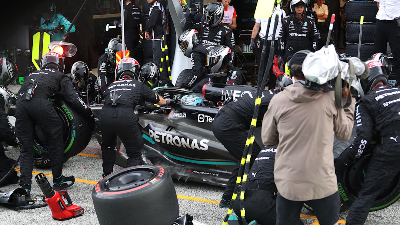 ZANDVOORT, NETHERLANDS - AUGUST 27: George Russell of Great Britain driving the (63) Mercedes AMG Petronas F1 Team W14 makes a pitstop during the F1 Grand Prix of The Netherlands at Circuit Zandvoort on August 27, 2023 in Zandvoort, Netherlands. (Photo by Peter Fox/Getty Images)