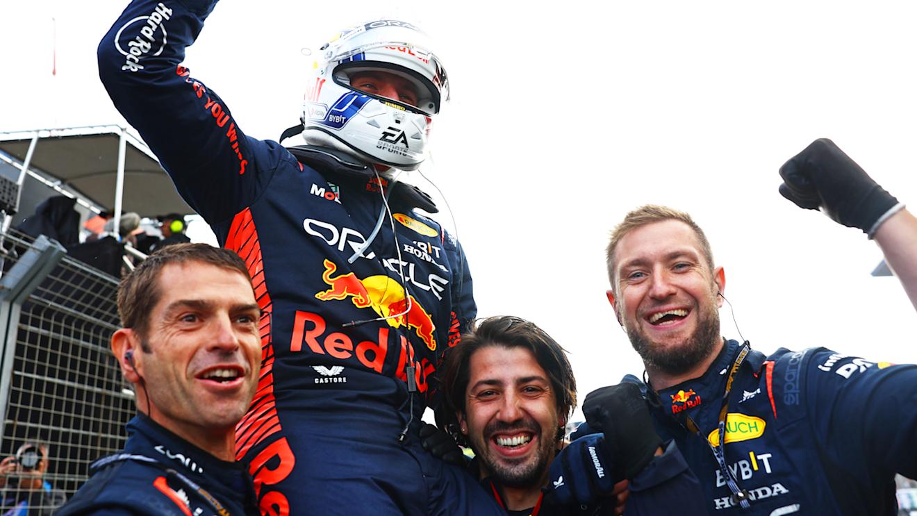 ZANDVOORT, NETHERLANDS - AUGUST 27: Race winner Max Verstappen of the Netherlands and Oracle Red Bull Racing celebrates in parc ferme during the F1 Grand Prix of The Netherlands at Circuit Zandvoort on August 27, 2023 in Zandvoort, Netherlands. (Photo by Mark Thompson/Getty Images)