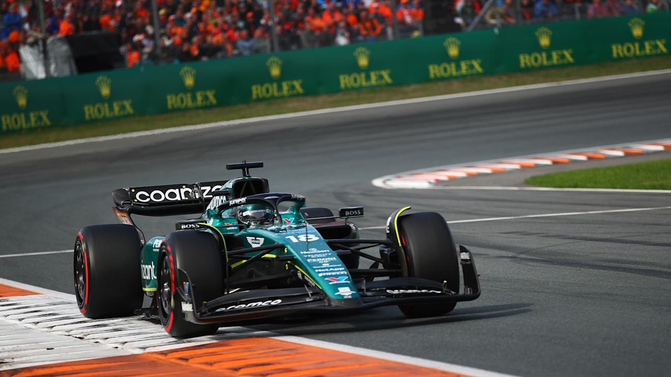 ZANDVOORT, NETHERLANDS - AUGUST 27: Lance Stroll of Canada driving the (18) Aston Martin AMR23 Mercedes on track during the F1 Grand Prix of The Netherlands at Circuit Zandvoort on August 27, 2023 in Zandvoort, Netherlands. (Photo by Joe Portlock - Formula 1/Formula 1 via Getty Images)