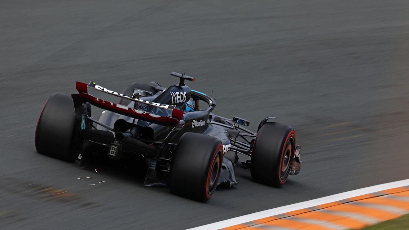ZANDVOORT, NETHERLANDS - AUGUST 25: George Russell of Great Britain driving the (63) Mercedes AMG Petronas F1 Team W14 on track during practice ahead of the F1 Grand Prix of The Netherlands at Circuit Zandvoort on August 25, 2023 in Zandvoort, Netherlands. (Photo by Lars Baron/Getty Images)