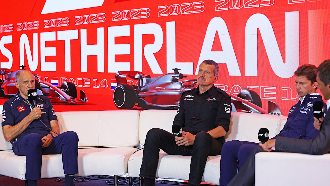 ZANDVOORT, NETHERLANDS - AUGUST 25: Scuderia AlphaTauri Team Principal Franz Tost, Haas F1 Team Principal Guenther Steiner and James Vowles, Team Principal of Williams attend the Team Principals Press Conference during practice ahead of the F1 Grand Prix of The Netherlands at Circuit Zandvoort on August 25, 2023 in Zandvoort, Netherlands. (Photo by Dean Mouhtaropoulos/Getty Images)
