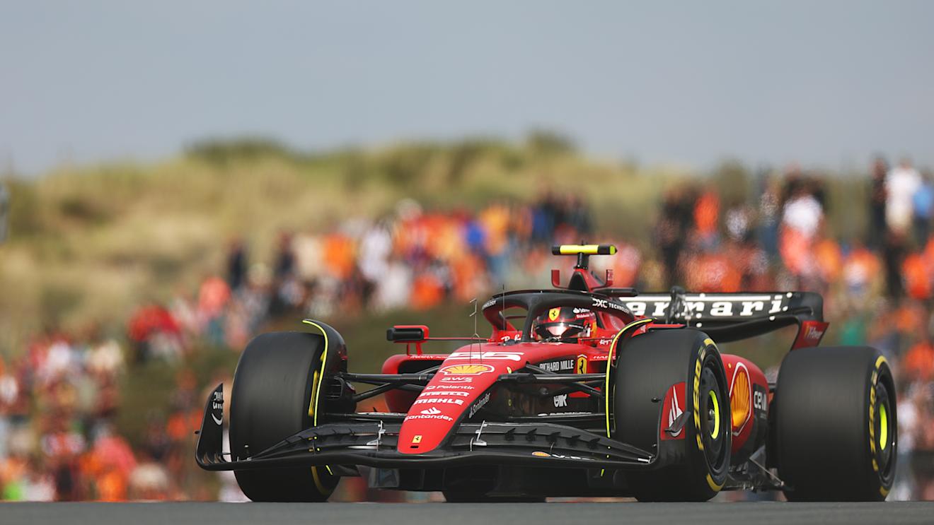 ZANDVOORT, NETHERLANDS - AUGUST 25: Carlos Sainz of Spain driving (55) the Ferrari SF-23 on track during practice ahead of the F1 Grand Prix of The Netherlands at Circuit Zandvoort on August 25, 2023 in Zandvoort, Netherlands. (Photo by Lars Baron/Getty Images)