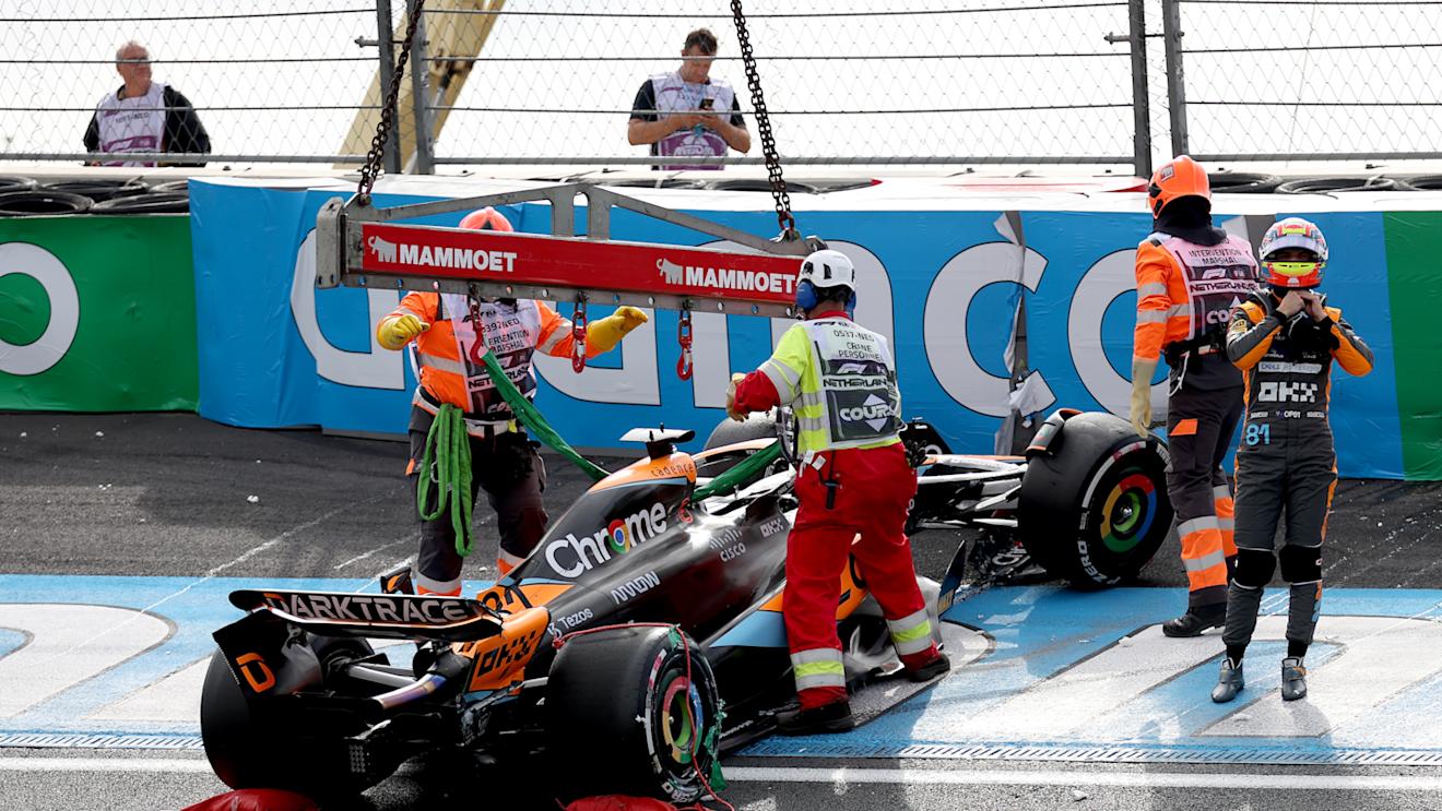 ZANDVOORT, NETHERLANDS - AUGUST 25: Oscar Piastri of Australia driving the (81) McLaren MCL60 Mercedes crashes during practice ahead of the F1 Grand Prix of The Netherlands at Circuit Zandvoort on August 25, 2023 in Zandvoort, Netherlands. (Photo by Lars Baron/Getty Images)