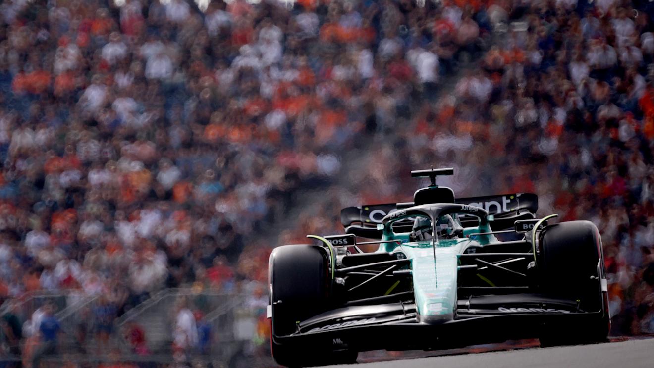 ZANDVOORT, NETHERLANDS - AUGUST 25: Lance Stroll of Canada driving the (18) Aston Martin AMR23 Mercedes on track during practice ahead of the F1 Grand Prix of The Netherlands at Circuit Zandvoort on August 25, 2023 in Zandvoort, Netherlands. (Photo by Dean Mouhtaropoulos/Getty Images)
