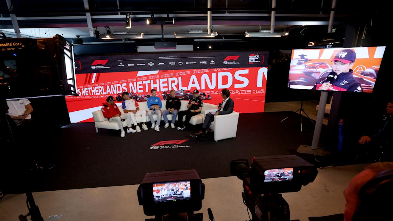 ZANDVOORT, NETHERLANDS - AUGUST 24: Carlos Sainz of Spain and Ferrari, Pierre Gasly of France and Alpine F1, Logan Sargeant of United States and Williams, Kevin Magnussen of Denmark and Haas F1 and Zhou Guanyu of China and Alfa Romeo F1 attend the Drivers Press Conference during previews ahead of the F1 Grand Prix of The Netherlands at Circuit Zandvoort on August 24, 2023 in Zandvoort, Netherlands. (Photo by Dean Mouhtaropoulos/Getty Images)