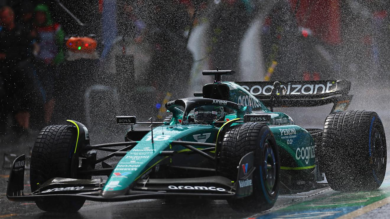 ZANDVOORT, NETHERLANDS - AUGUST 26: Lance Stroll of Canada driving the (18) Aston Martin AMR23 Mercedes in the rain in the Pitlane during final practice ahead of the F1 Grand Prix of The Netherlands at Circuit Zandvoort on August 26, 2023 in Zandvoort, Netherlands. (Photo by Dan Istitene - Formula 1/Formula 1 via Getty Images)