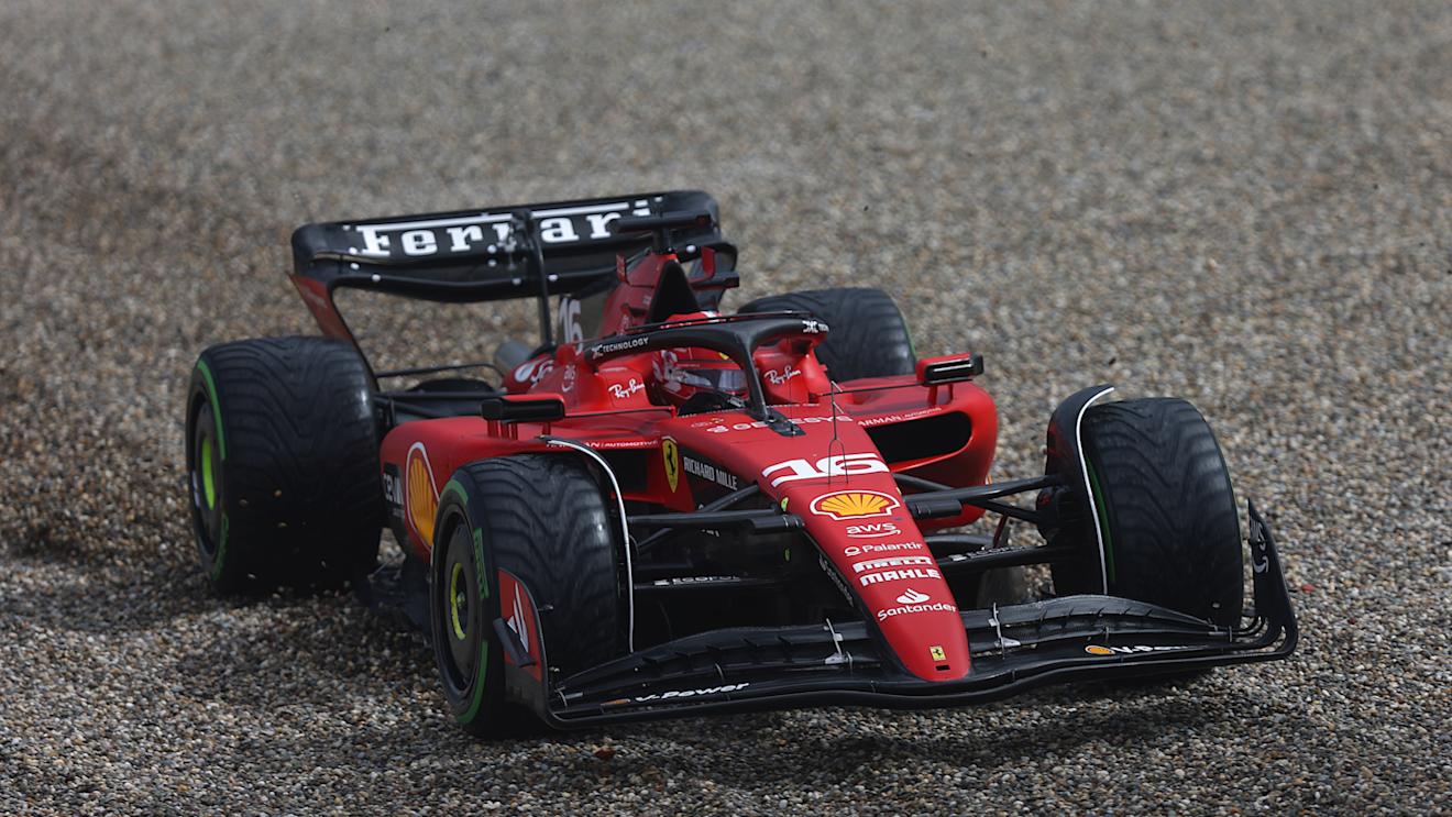 ZANDVOORT, NETHERLANDS - AUGUST 26: Charles Leclerc of Monaco driving the (16) Ferrari SF-23 runs through the gravel during qualifying ahead of the F1 Grand Prix of The Netherlands at Circuit Zandvoort on August 26, 2023 in Zandvoort, Netherlands. (Photo by Lars Baron/Getty Images)