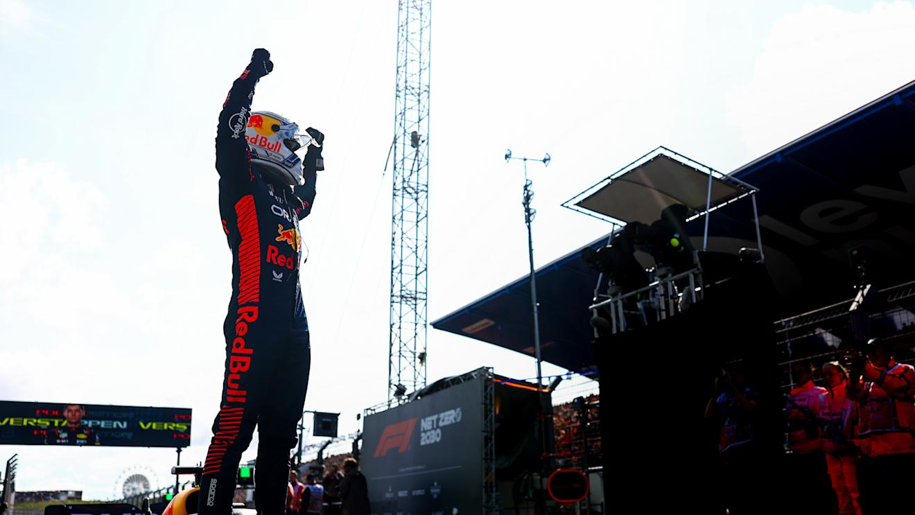 ZANDVOORT, NETHERLANDS - AUGUST 26: Pole position qualifier Max Verstappen of the Netherlands and Oracle Red Bull Racing celebrates in parc ferme during qualifying ahead of the F1 Grand Prix of The Netherlands at Circuit Zandvoort on August 26, 2023 in Zandvoort, Netherlands. (Photo by Mark Thompson/Getty Images)