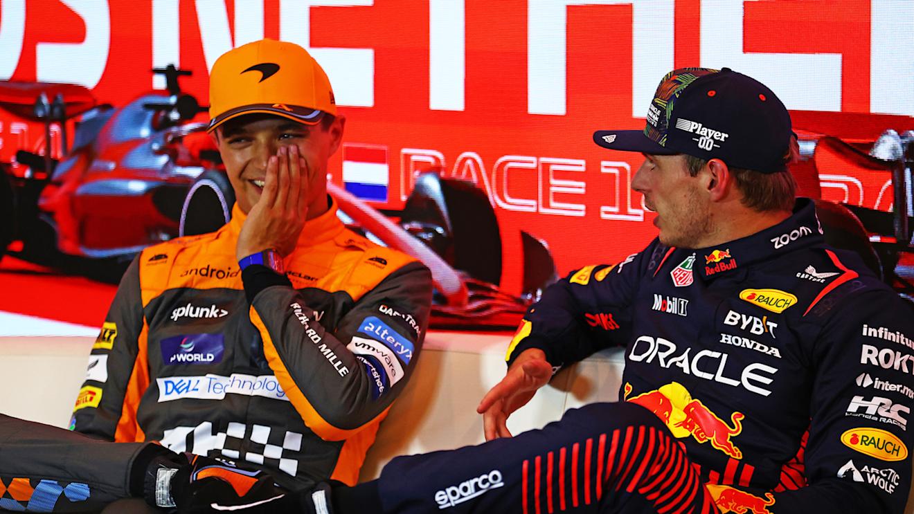 ZANDVOORT, NETHERLANDS - AUGUST 26: Pole position qualifier Max Verstappen of the Netherlands and Oracle Red Bull Racing (R), Second placed qualifier Lando Norris of Great Britain and McLaren (L) and attend the press conference after qualifying ahead of the F1 Grand Prix of The Netherlands at Circuit Zandvoort on August 26, 2023 in Zandvoort, Netherlands. (Photo by Bryn Lennon/Getty Images)