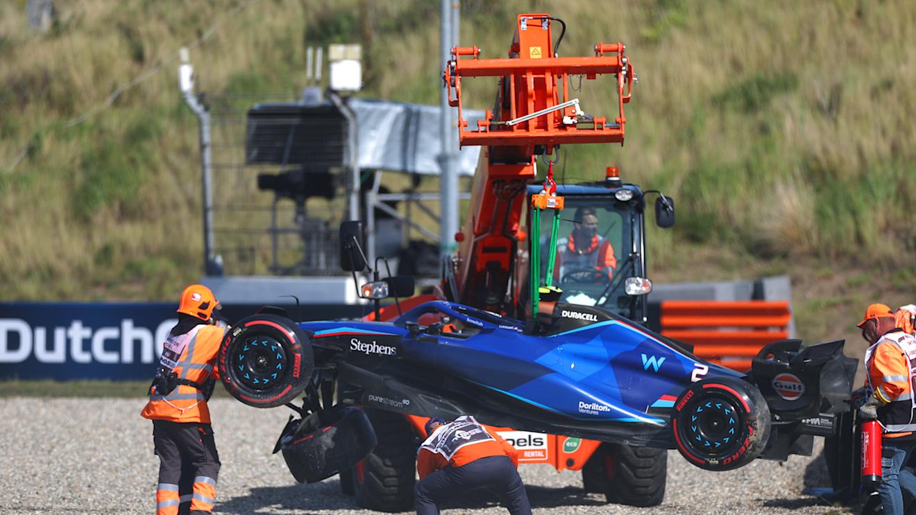 ZANDVOORT, NETHERLANDS - AUGUST 26: The car of Logan Sargeant of United States and Williams is removed from the track after he crashed during qualifying ahead of the F1 Grand Prix of The Netherlands at Circuit Zandvoort on August 26, 2023 in Zandvoort, Netherlands. (Photo by Peter Fox/Getty Images)