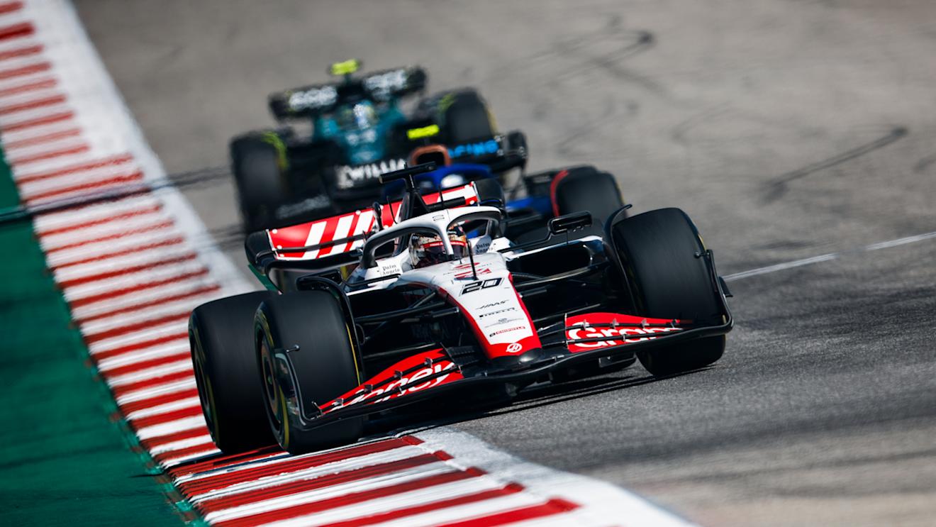 AUSTIN, TEXAS - OCTOBER 22: Kevin Magnussen of Denmark driving the (20) Haas F1 VF-23 Ferrari on track during the F1 Grand Prix of United States at Circuit of The Americas on October 22, 2023 in Austin, Texas. (Photo by Chris Graythen/Getty Images)