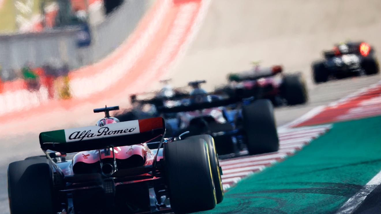 AUSTIN, TEXAS - OCTOBER 22: Valtteri Bottas of Finland driving the (77) Alfa Romeo F1 C43 Ferrari chases a line of cars during the F1 Grand Prix of United States at Circuit of The Americas on October 22, 2023 in Austin, Texas. (Photo by Chris Graythen/Getty Images)