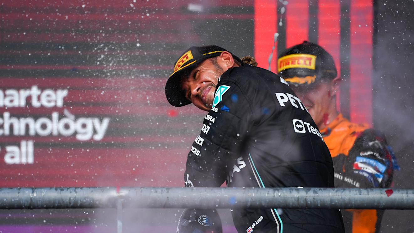 AUSTIN, TEXAS - OCTOBER 22: Second placed Lewis Hamilton of Great Britain and Mercedes celebrates on the podium during the F1 Grand Prix of United States at Circuit of The Americas on October 22, 2023 in Austin, Texas. (Photo by Rudy Carezzevoli/Getty Images)