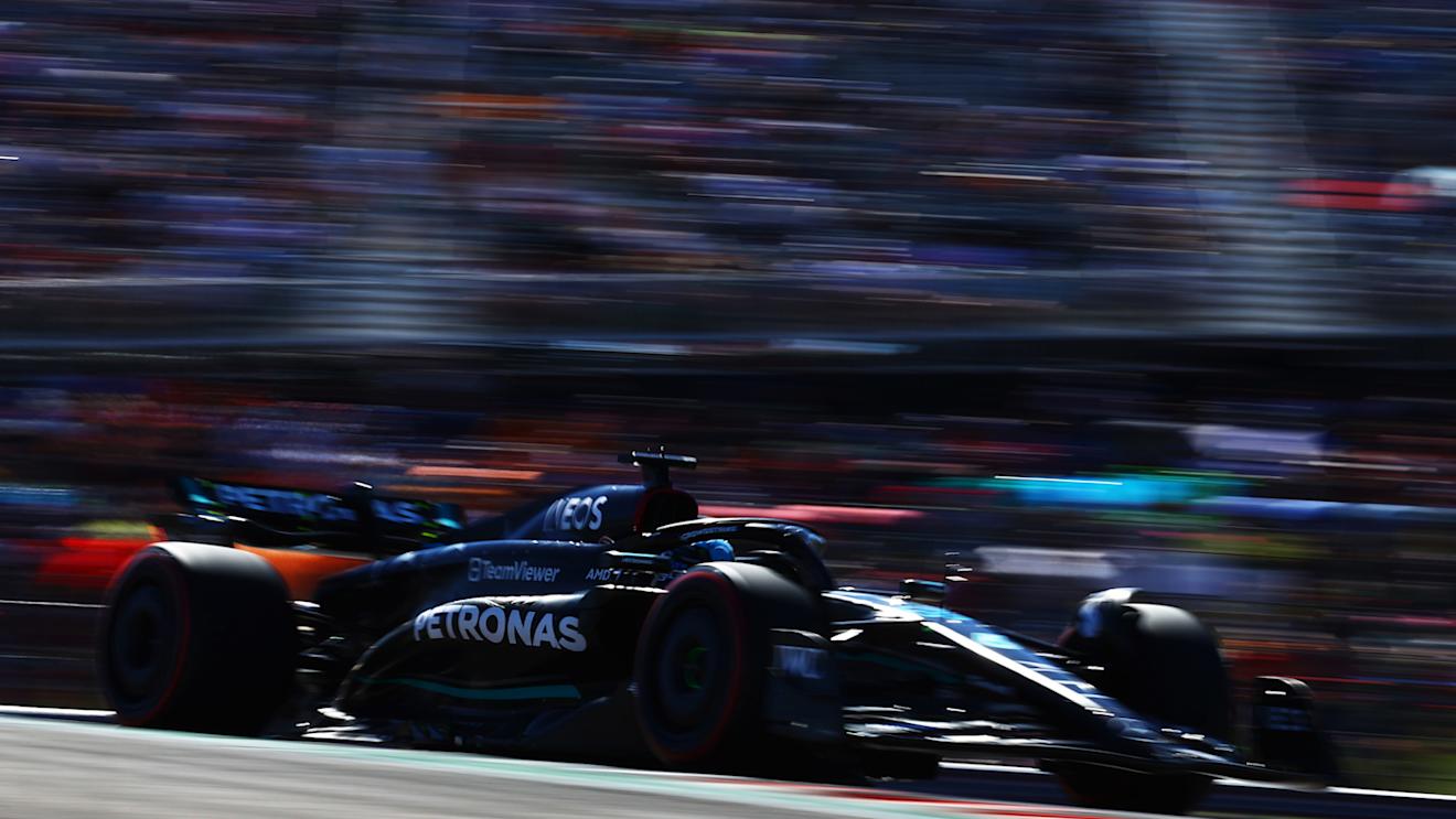AUSTIN, TEXAS - OCTOBER 20: George Russell of Great Britain driving the (63) Mercedes AMG Petronas F1 Team W14 on track during practice ahead of the F1 Grand Prix of United States at Circuit of The Americas on October 20, 2023 in Austin, Texas. (Photo by Mark Thompson/Getty Images)