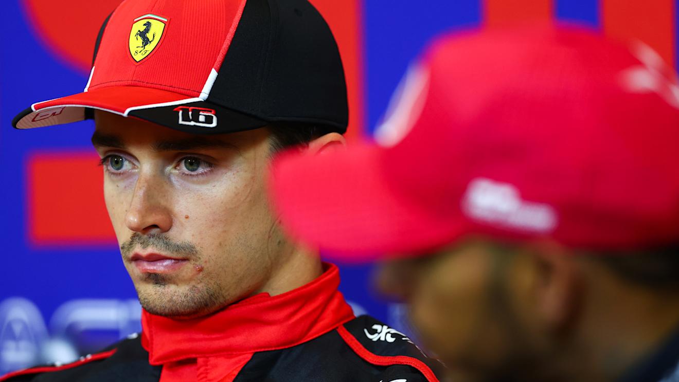 AUSTIN, TEXAS - OCTOBER 20: Pole position qualifier Charles Leclerc of Monaco and Ferrari talks in a press conference after qualifying ahead of the F1 Grand Prix of United States at Circuit of The Americas on October 20, 2023 in Austin, Texas. (Photo by Dan Istitene/Getty Images)