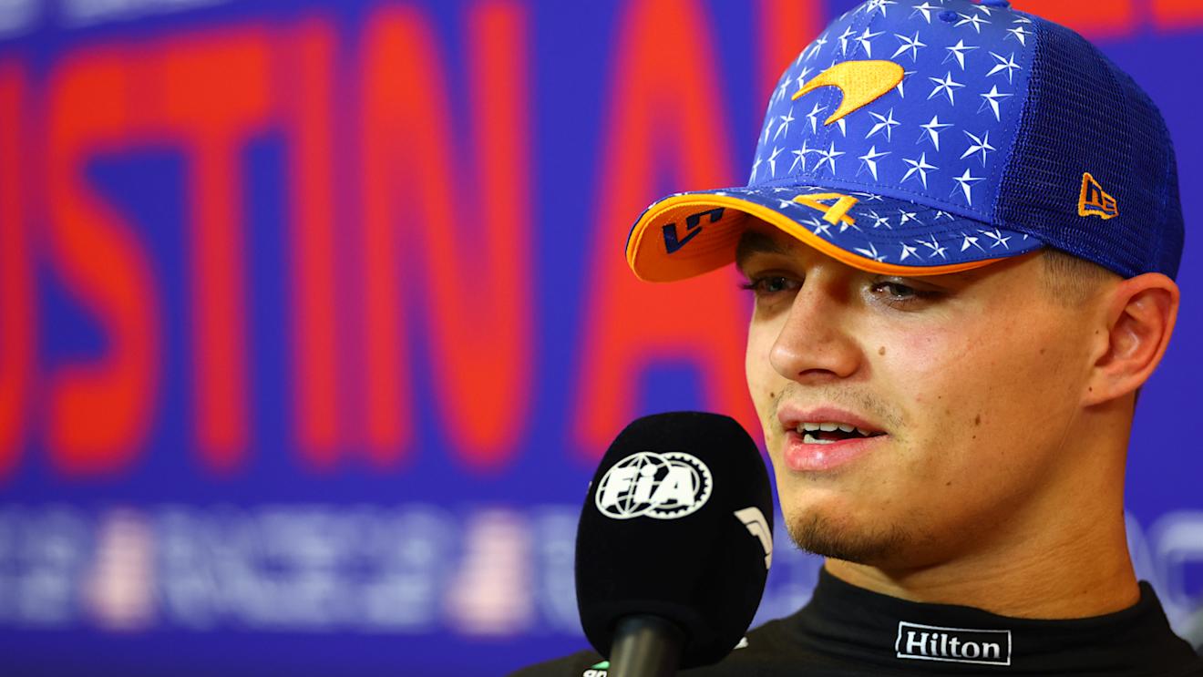 AUSTIN, TEXAS - OCTOBER 20: Second placed qualifier Lando Norris of Great Britain and McLaren talks in a press conference after qualifying ahead of the F1 Grand Prix of United States at Circuit of The Americas on October 20, 2023 in Austin, Texas. (Photo by Dan Istitene/Getty Images)