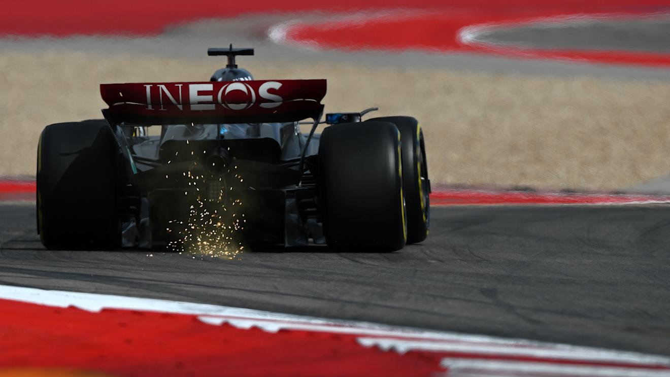 AUSTIN, TEXAS - OCTOBER 21: Sparks fly behind George Russell of Great Britain driving the (63) Mercedes AMG Petronas F1 Team W14 on track during the Sprint Shootout ahead of the F1 Grand Prix of United States at Circuit of The Americas on October 21, 2023 in Austin, Texas. (Photo by Clive Mason - Formula 1/Formula 1 via Getty Images)