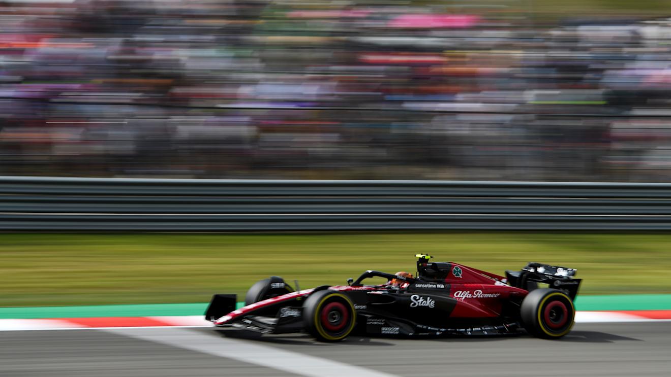 AUSTIN, TEXAS - OCTOBER 21: Zhou Guanyu of China driving the (24) Alfa Romeo F1 C43 Ferrari during the Sprint Shootout ahead of the F1 Grand Prix of United States at Circuit of The Americas on October 21, 2023 in Austin, Texas. (Photo by Rudy Carezzevoli/Getty Images)