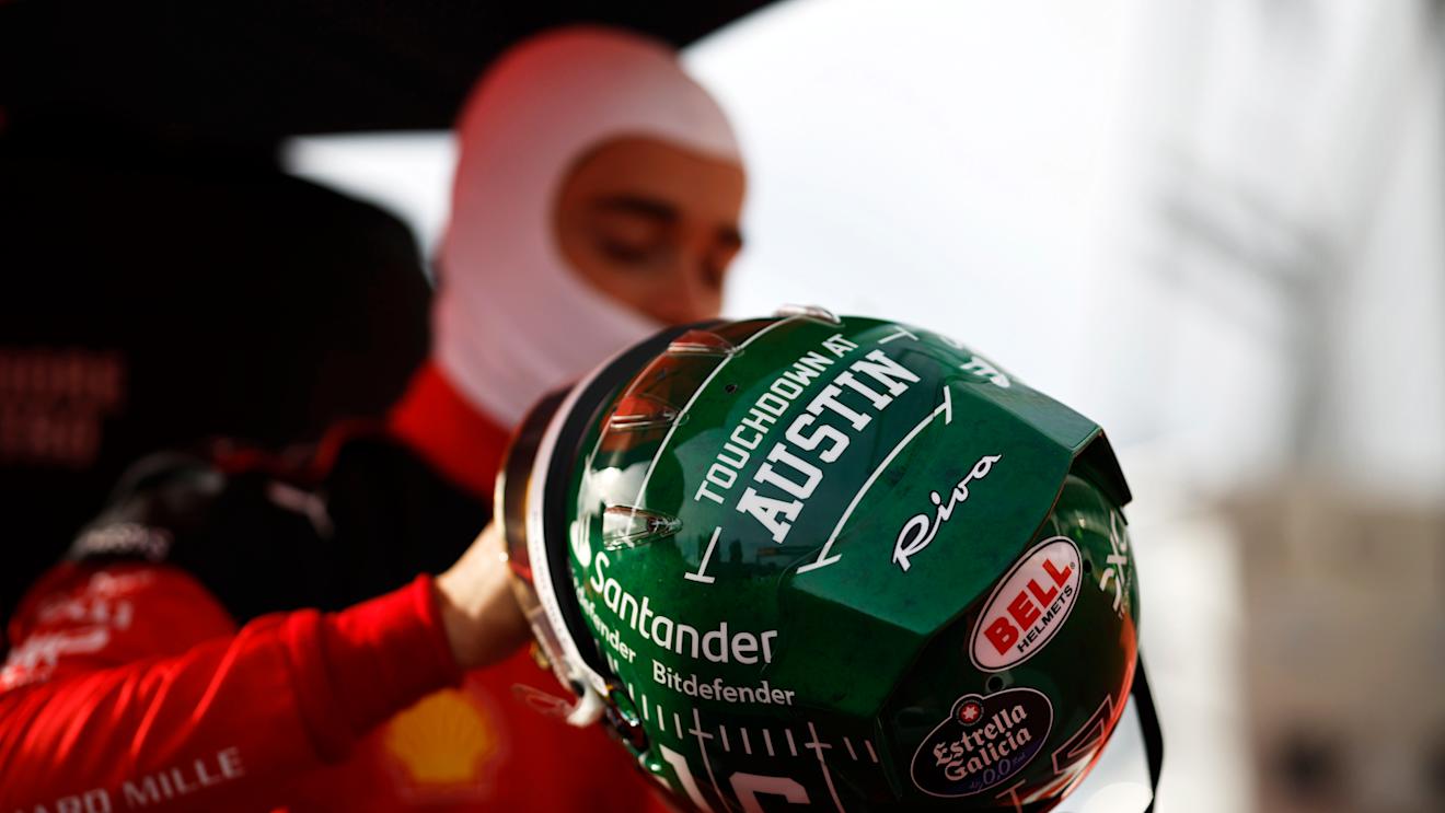 AUSTIN, TEXAS - OCTOBER 21: A detailed view of the race helmet of Charles Leclerc of Monaco and Ferrari as he prepares to drive on the grid prior to the Sprint ahead of the F1 Grand Prix of United States at Circuit of The Americas on October 21, 2023 in Austin, Texas. (Photo by Chris Graythen/Getty Images)
