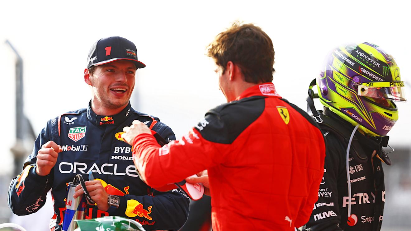 AUSTIN, TEXAS - OCTOBER 21: Sprint winner Max Verstappen of the Netherlands and Oracle Red Bull Racing and Third placed Charles Leclerc of Monaco and Ferrari talk in parc ferme during the Sprint ahead of the F1 Grand Prix of United States at Circuit of The Americas on October 21, 2023 in Austin, Texas. (Photo by Mark Thompson/Getty Images)