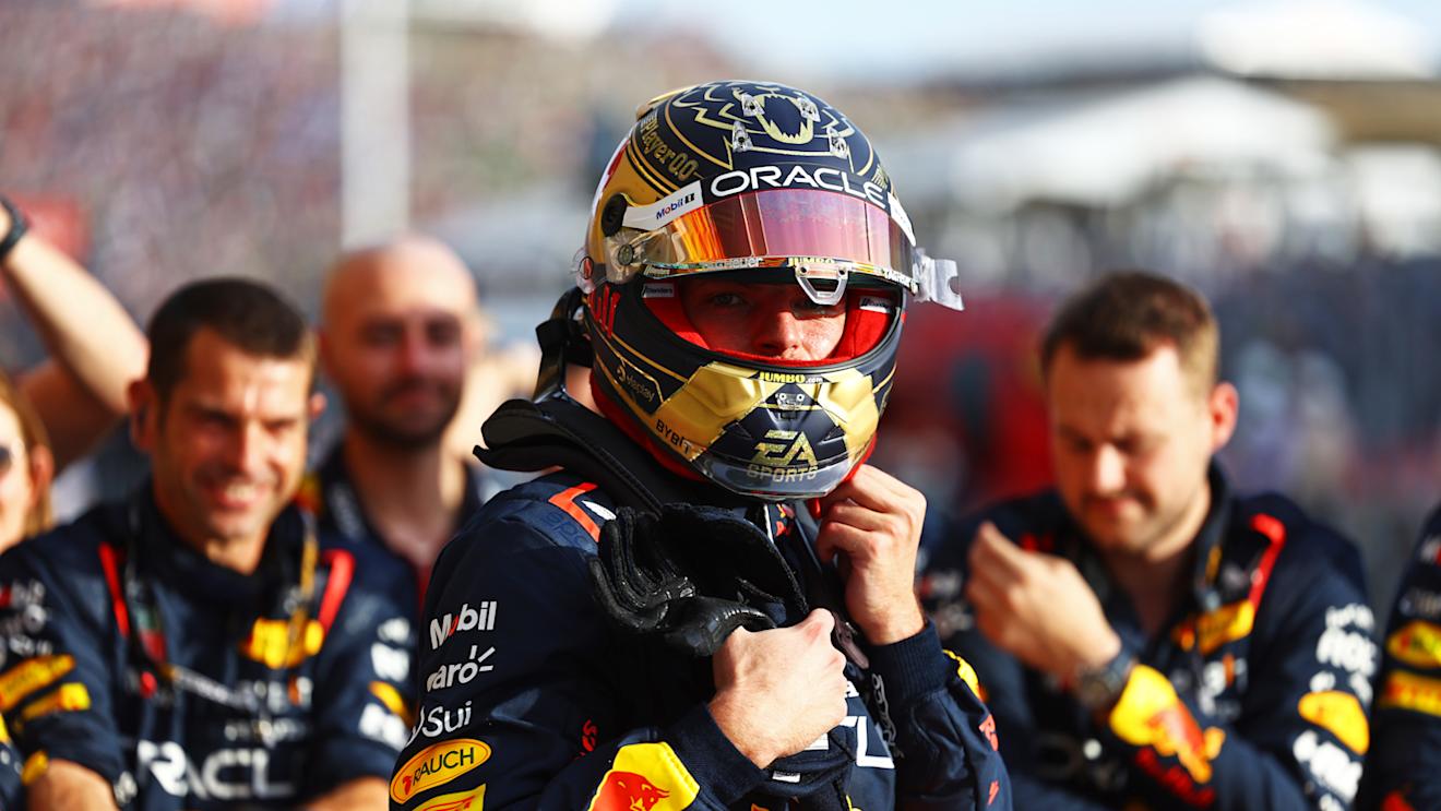 AUSTIN, TEXAS - OCTOBER 21: Sprint winner Max Verstappen of the Netherlands and Oracle Red Bull Racing celebrates in parc ferme during the Sprint ahead of the F1 Grand Prix of United States at Circuit of The Americas on October 21, 2023 in Austin, Texas. (Photo by Mark Thompson/Getty Images)