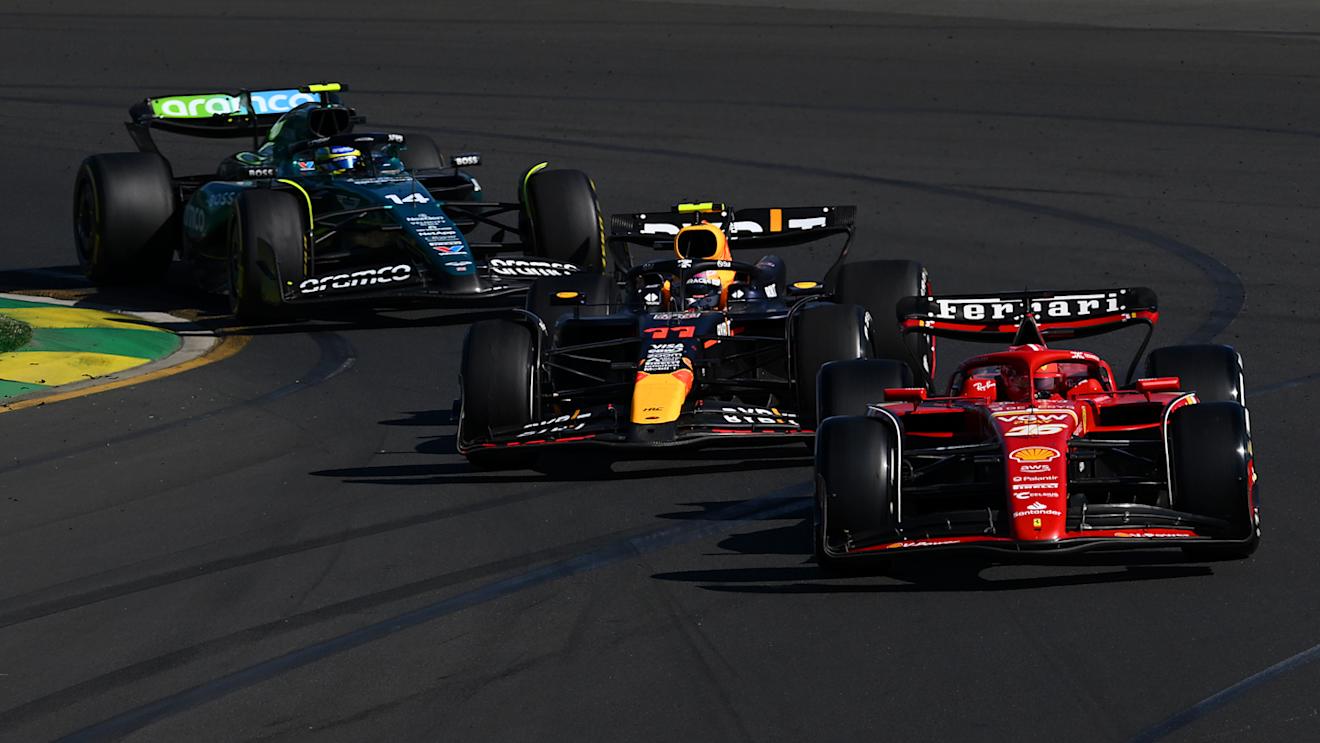 MELBOURNE, AUSTRALIA - MARCH 24: Charles Leclerc of Monaco driving the (16) Ferrari SF-24 leads Sergio Perez of Mexico driving the (11) Oracle Red Bull Racing RB20 and Fernando Alonso of Spain driving the (14) Aston Martin AMR24 Mercedes during the F1 Grand Prix of Australia at Albert Park Circuit on March 24, 2024 in Melbourne, Australia. (Photo by Clive Mason - Formula 1/Formula 1 via Getty Images)