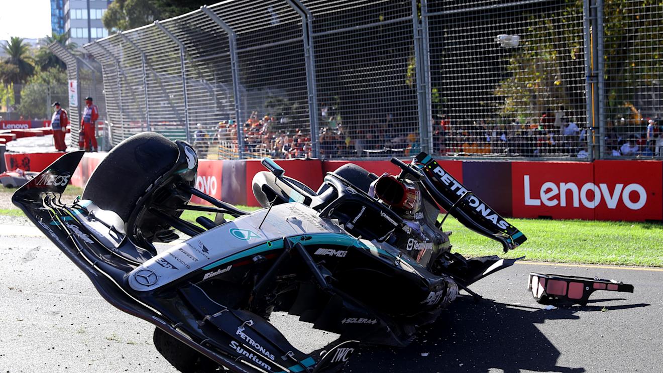 MELBOURNE, AUSTRALIA - MARCH 24: The car of George Russell of Great Britain and Mercedes is seen on track after he crashed during the F1 Grand Prix of Australia at Albert Park Circuit on March 24, 2024 in Melbourne, Australia. (Photo by Joe Portlock - Formula 1/Formula 1 via Getty Images)