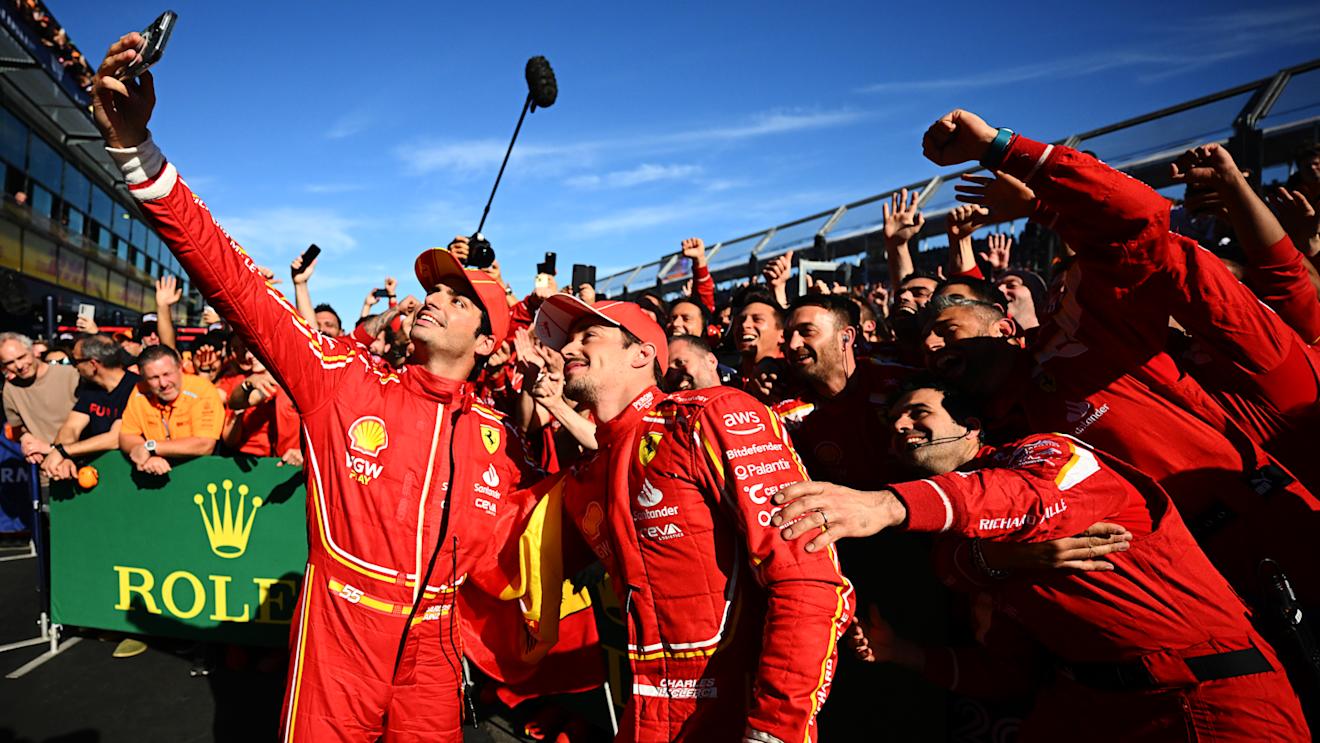 MELBOURNE, AUSTRALIA - MARCH 24: Race winner Carlos Sainz of Spain and Ferrari and Second placed Charles Leclerc of Monaco and Ferrari celebrate with their team in parc ferme during the F1 Grand Prix of Australia at Albert Park Circuit on March 24, 2024 in Melbourne, Australia. (Photo by Clive Mason - Formula 1/Formula 1 via Getty Images)