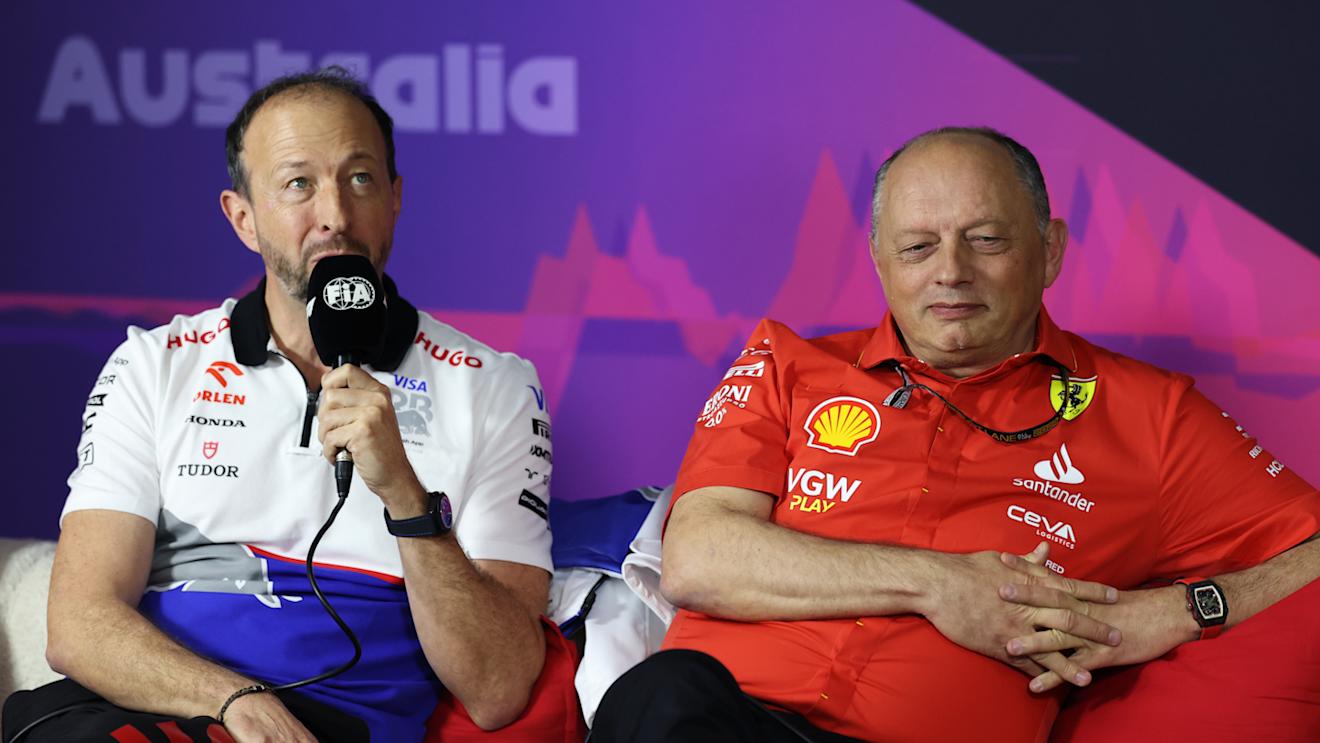 MELBOURNE, AUSTRALIA - MARCH 22: Peter Bayer, CEO of Visa Cash App RB and Ferrari Team Principal Frederic Vasseur attend the Team Principals Press Conference during practice ahead of the F1 Grand Prix of Australia at Albert Park Circuit on March 22, 2024 in Melbourne, Australia. (Photo by Robert Cianflone/Getty Images)