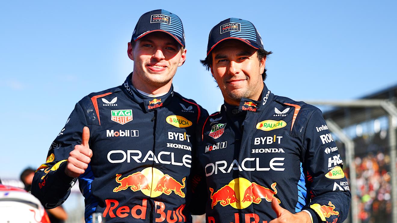 MELBOURNE, AUSTRALIA - MARCH 23: Pole position qualifier Max Verstappen of the Netherlands and Oracle Red Bull Racing and Third placed qualifier Sergio Perez of Mexico and Oracle Red Bull Racing celebrate in parc ferme during qualifying ahead of the F1 Grand Prix of Australia at Albert Park Circuit on March 23, 2024 in Melbourne, Australia. (Photo by Mark Thompson/Getty Images)