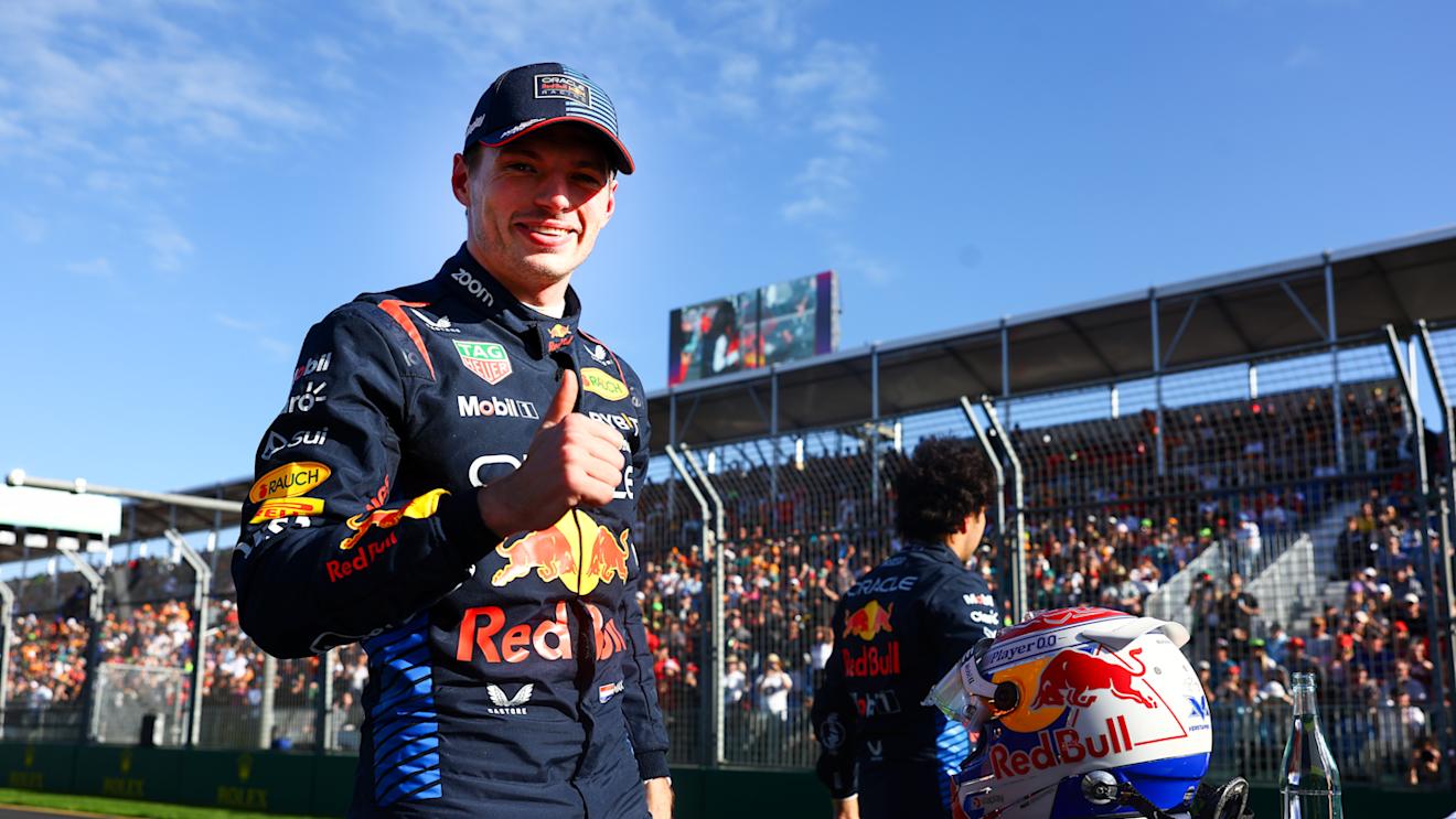 MELBOURNE, AUSTRALIA - MARCH 23: Pole position qualifier Max Verstappen of the Netherlands and Oracle Red Bull Racing celebrates in parc ferme during qualifying ahead of the F1 Grand Prix of Australia at Albert Park Circuit on March 23, 2024 in Melbourne, Australia. (Photo by Mark Thompson/Getty Images)