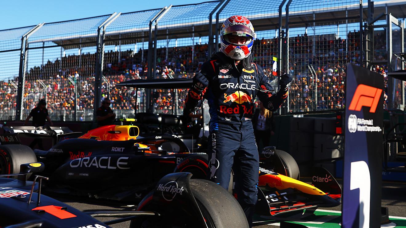 MELBOURNE, AUSTRALIA - MARCH 23: Pole position qualifier Max Verstappen of the Netherlands and Oracle Red Bull Racing celebrates in parc ferme during qualifying ahead of the F1 Grand Prix of Australia at Albert Park Circuit on March 23, 2024 in Melbourne, Australia. (Photo by Mark Thompson/Getty Images)