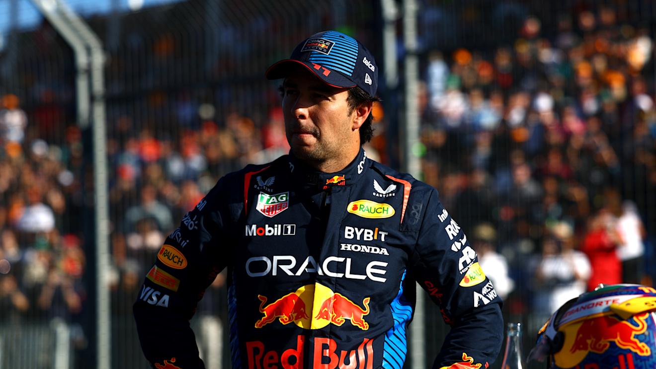 MELBOURNE, AUSTRALIA - MARCH 23: Third placed qualifier Sergio Perez of Mexico and Oracle Red Bull Racing looks on in parc ferme during qualifying ahead of the F1 Grand Prix of Australia at Albert Park Circuit on March 23, 2024 in Melbourne, Australia. (Photo by Mark Thompson/Getty Images)