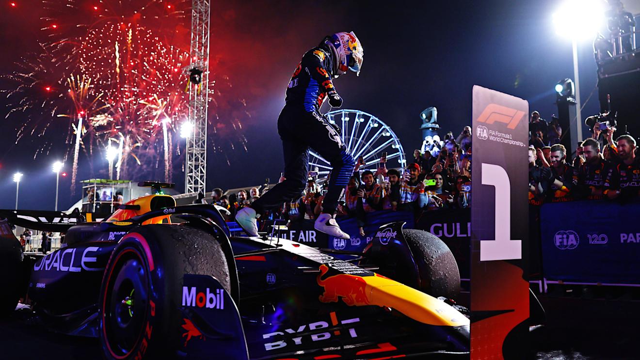 BAHRAIN, BAHRAIN - MARCH 02: Race winner Max Verstappen of the Netherlands and Oracle Red Bull Racing celebrates in parc ferme during the F1 Grand Prix of Bahrain at Bahrain International Circuit on March 02, 2024 in Bahrain, Bahrain. (Photo by Mark Thompson/Getty Images)