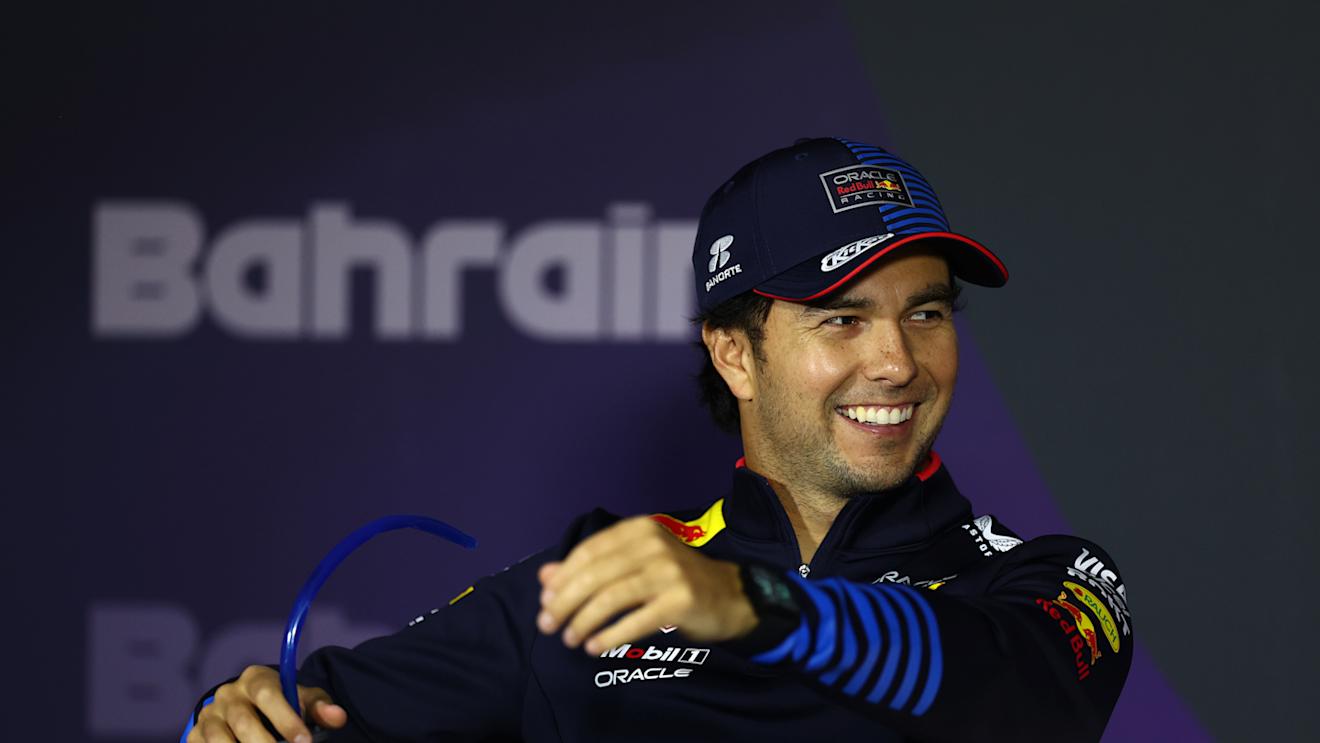 BAHRAIN, BAHRAIN - MARCH 02: Second placed Sergio Perez of Mexico and Oracle Red Bull Racing reacts in a press conference after the F1 Grand Prix of Bahrain at Bahrain International Circuit on March 02, 2024 in Bahrain, Bahrain. (Photo by Bryn Lennon/Getty Images)