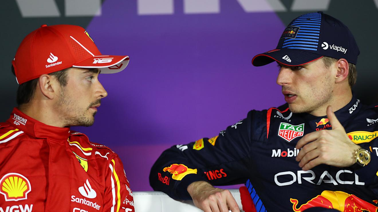BAHRAIN, BAHRAIN - MARCH 01: Pole position qualifier Max Verstappen of the Netherlands and Oracle Red Bull Racing talks with Second placed qualifier Charles Leclerc of Monaco and Ferrari in a press conference after qualifying ahead of the F1 Grand Prix of Bahrain at Bahrain International Circuit on March 01, 2024 in Bahrain, Bahrain. (Photo by Peter Fox/Getty Images)