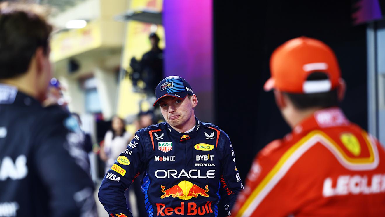 BAHRAIN, BAHRAIN - MARCH 01: Pole position qualifier Max Verstappen of the Netherlands and Oracle Red Bull Racing talks with Second placed qualifier Charles Leclerc of Monaco and Ferrari and Third placed qualifier George Russell of Great Britain and Mercedes in parc ferme during qualifying ahead of the F1 Grand Prix of Bahrain at Bahrain International Circuit on March 01, 2024 in Bahrain, Bahrain. (Photo by Mark Thompson/Getty Images)