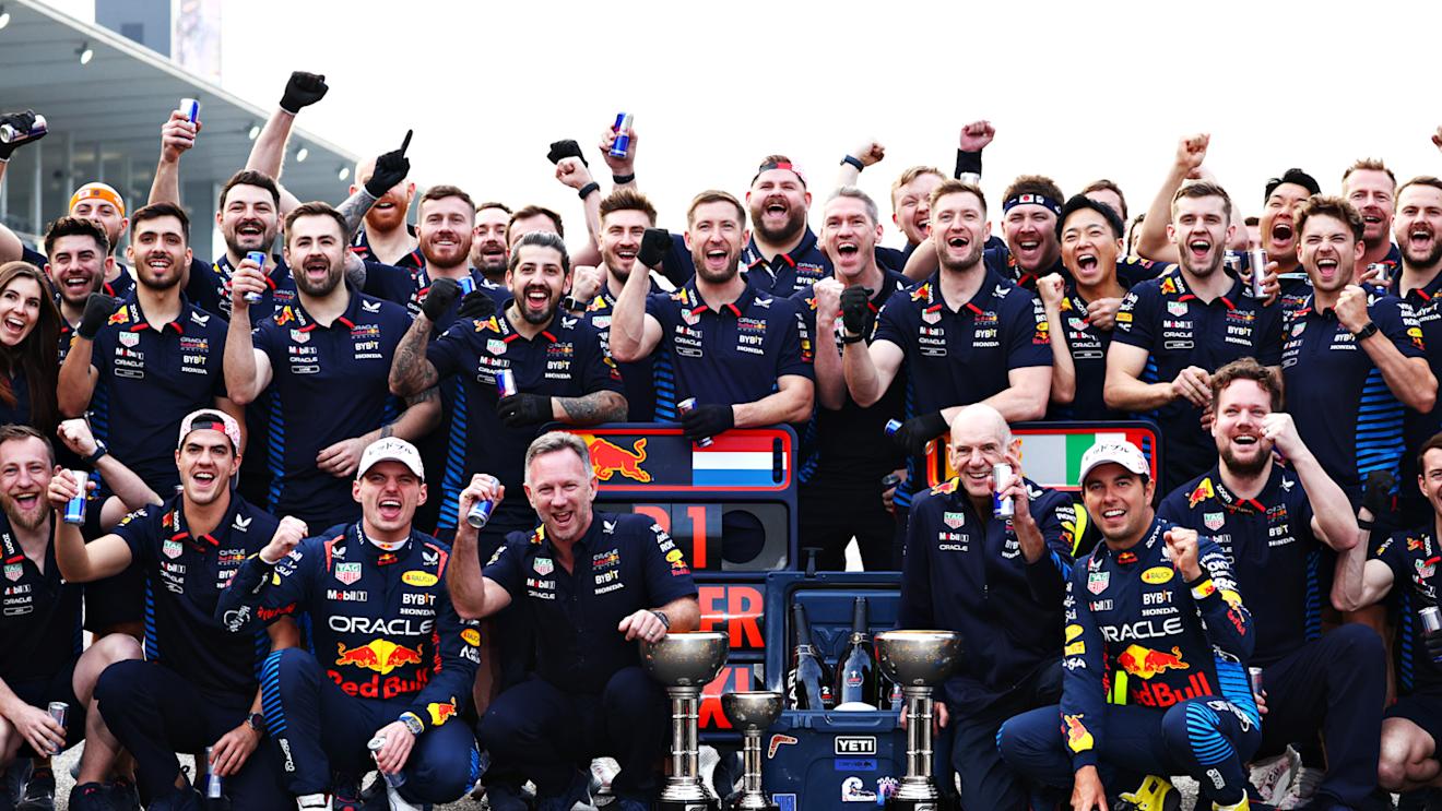 SUZUKA, JAPAN - APRIL 07: Race winner Max Verstappen of the Netherlands and Oracle Red Bull Racing and Second placed Sergio Perez of Mexico and Oracle Red Bull Racing celebrate with their team after the F1 Grand Prix of Japan at Suzuka International Racing Course on April 07, 2024 in Suzuka, Japan. (Photo by Clive Rose - Formula 1/Formula 1 via Getty Images)
