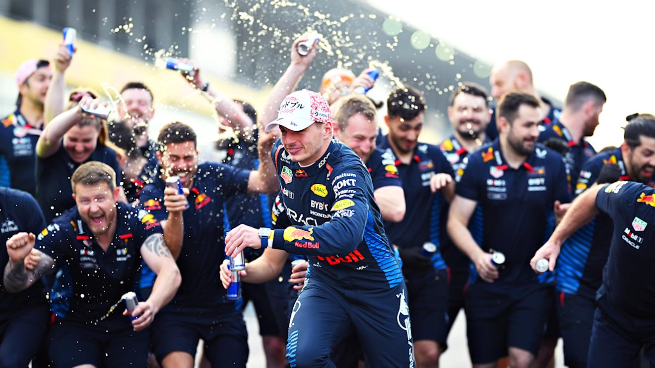 SUZUKA, JAPAN - APRIL 07: Race winner Max Verstappen of the Netherlands and Oracle Red Bull Racing celebrates with his team after the F1 Grand Prix of Japan at Suzuka International Racing Course on April 07, 2024 in Suzuka, Japan. (Photo by Clive Mason/Getty Images)