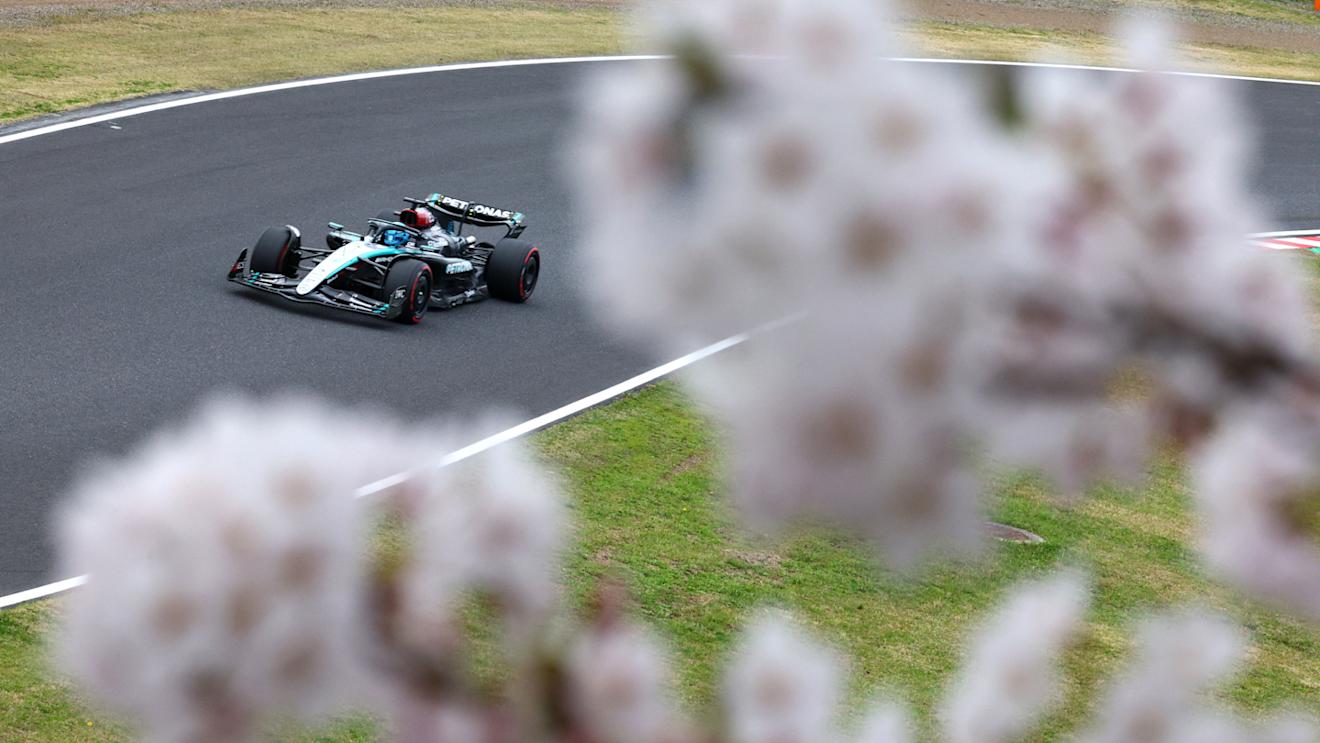 SUZUKA, JAPAN - APRIL 05: George Russell of Great Britain driving the (63) Mercedes AMG Petronas F1 Team W15 on track during practice ahead of the F1 Grand Prix of Japan at Suzuka International Racing Course on April 05, 2024 in Suzuka, Japan. (Photo by Clive Rose - Formula 1/Formula 1 via Getty Images)