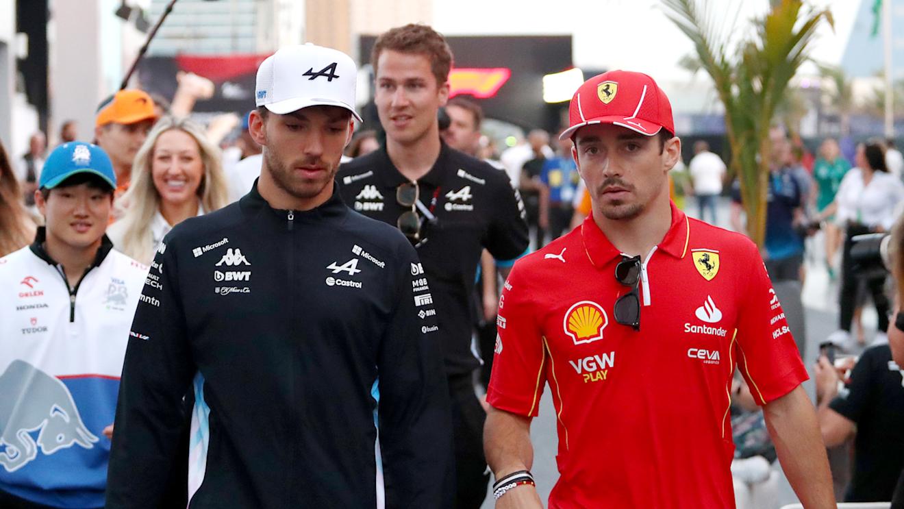JEDDAH, SAUDI ARABIA - MARCH 09: Pierre Gasly of France and Alpine F1 and Charles Leclerc of Monaco and Ferrari talk in the Paddock prior to the F1 Grand Prix of Saudi Arabia at Jeddah Corniche Circuit on March 09, 2024 in Jeddah, Saudi Arabia. (Photo by Peter Fox - Formula 1/Formula 1 via Getty Images)