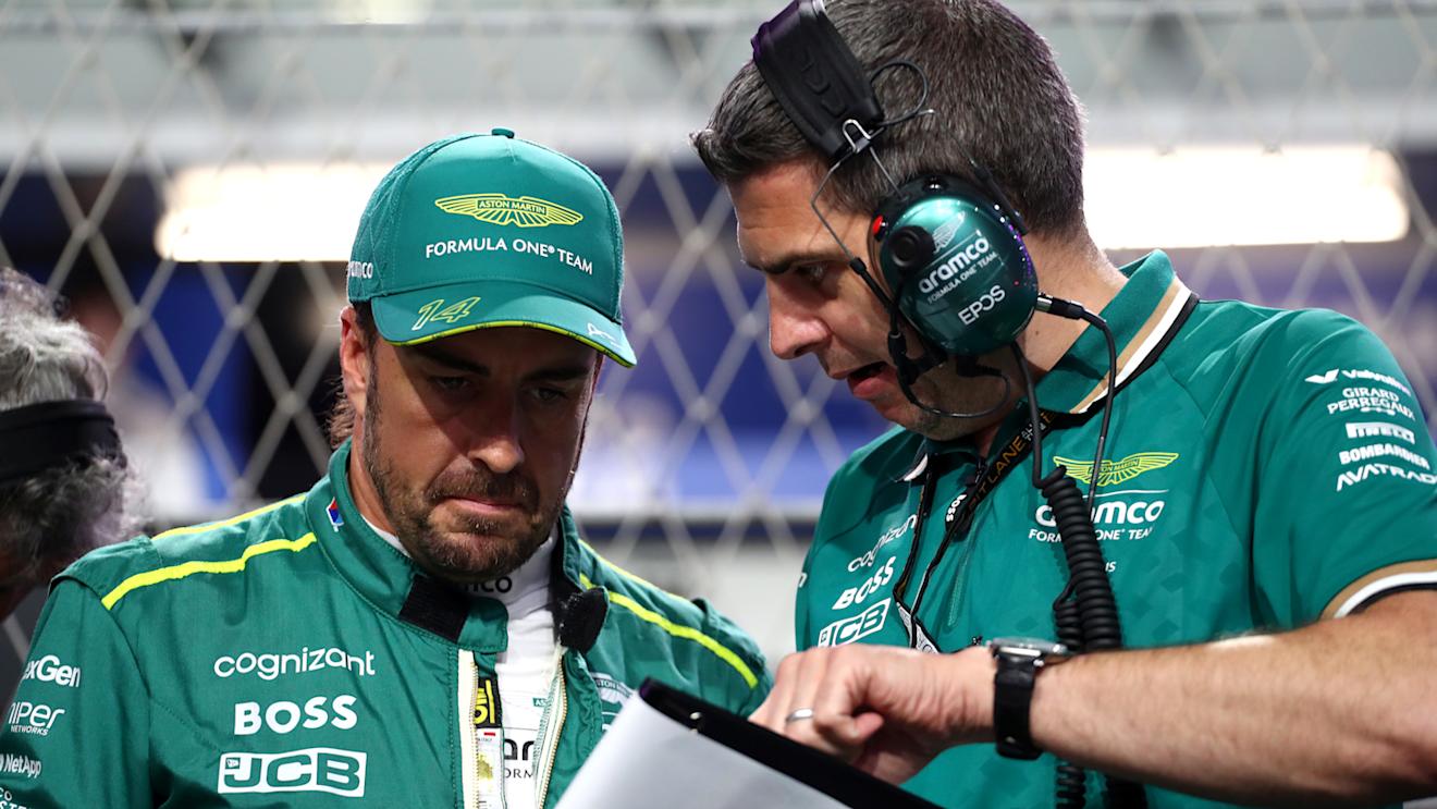 JEDDAH, SAUDI ARABIA - MARCH 09: Fernando Alonso of Spain and Aston Martin F1 Team prepares to drive on the grid during the F1 Grand Prix of Saudi Arabia at Jeddah Corniche Circuit on March 09, 2024 in Jeddah, Saudi Arabia. (Photo by Peter Fox - Formula 1/Formula 1 via Getty Images)