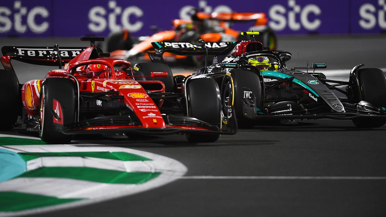 JEDDAH, SAUDI ARABIA - MARCH 09: Lewis Hamilton of Great Britain driving the (44) Mercedes AMG Petronas F1 Team W15 and Charles Leclerc of Monaco driving the (16) Ferrari SF-24 battle for track position during the F1 Grand Prix of Saudi Arabia at Jeddah Corniche Circuit on March 09, 2024 in Jeddah, Saudi Arabia. (Photo by Rudy Carezzevoli/Getty Images)