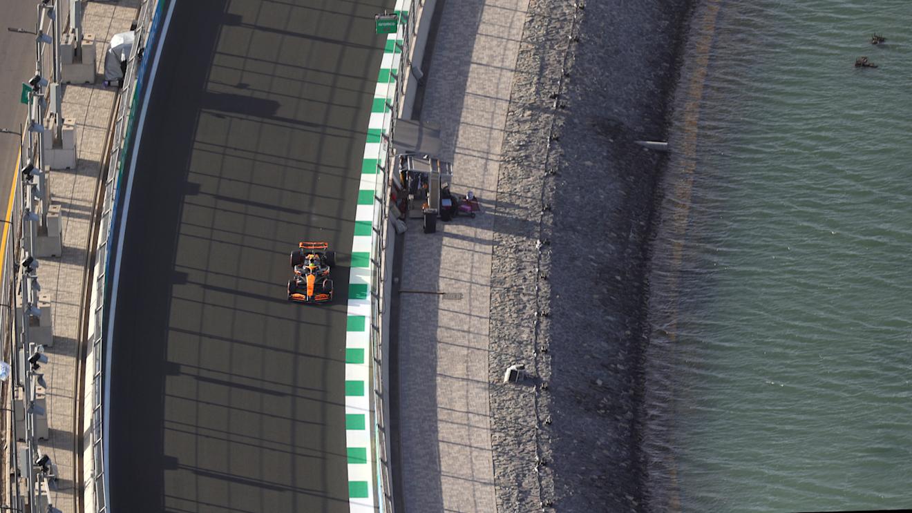 JEDDAH, SAUDI ARABIA - MARCH 07: Lando Norris of Great Britain driving the (4) McLaren MCL38 Mercedes on track during practice ahead of the F1 Grand Prix of Saudi Arabia at Jeddah Corniche Circuit on March 07, 2024 in Jeddah, Saudi Arabia. (Photo by Peter Fox - Formula 1/Formula 1 via Getty Images)