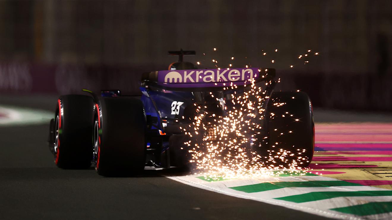JEDDAH, SAUDI ARABIA - MARCH 07: Sparks fly from the car of Alexander Albon of Thailand driving the (23) Williams FW46 Mercedes during practice ahead of the F1 Grand Prix of Saudi Arabia at Jeddah Corniche Circuit on March 07, 2024 in Jeddah, Saudi Arabia. (Photo by Bryn Lennon - Formula 1/Formula 1 via Getty Images)