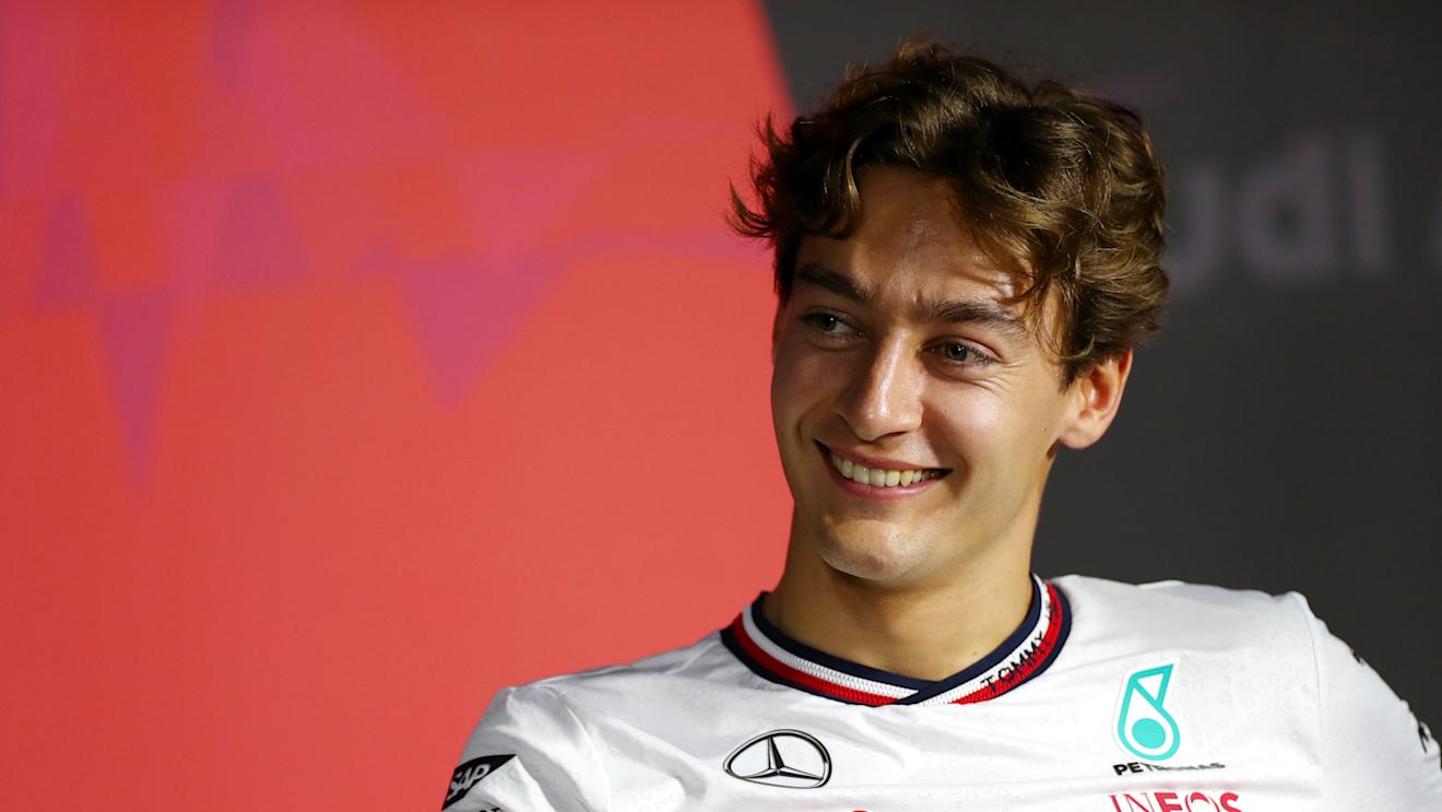 JEDDAH, SAUDI ARABIA - MARCH 06: George Russell of Great Britain and Mercedes attends the Drivers Press Conference during previews ahead of the F1 Grand Prix of Saudi Arabia at Jeddah Corniche Circuit on March 06, 2024 in Jeddah, Saudi Arabia. (Photo by Peter Fox/Getty Images)