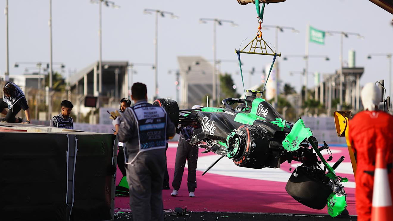 JEDDAH, SAUDI ARABIA - MARCH 08: The car of Zhou Guanyu of China and Stake F1 Team Kick Sauber is removed from the circuit after a crash causing a red flag during final practice ahead of the F1 Grand Prix of Saudi Arabia at Jeddah Corniche Circuit on March 08, 2024 in Jeddah, Saudi Arabia. (Photo by Joe Portlock - Formula 1/Formula 1 via Getty Images)