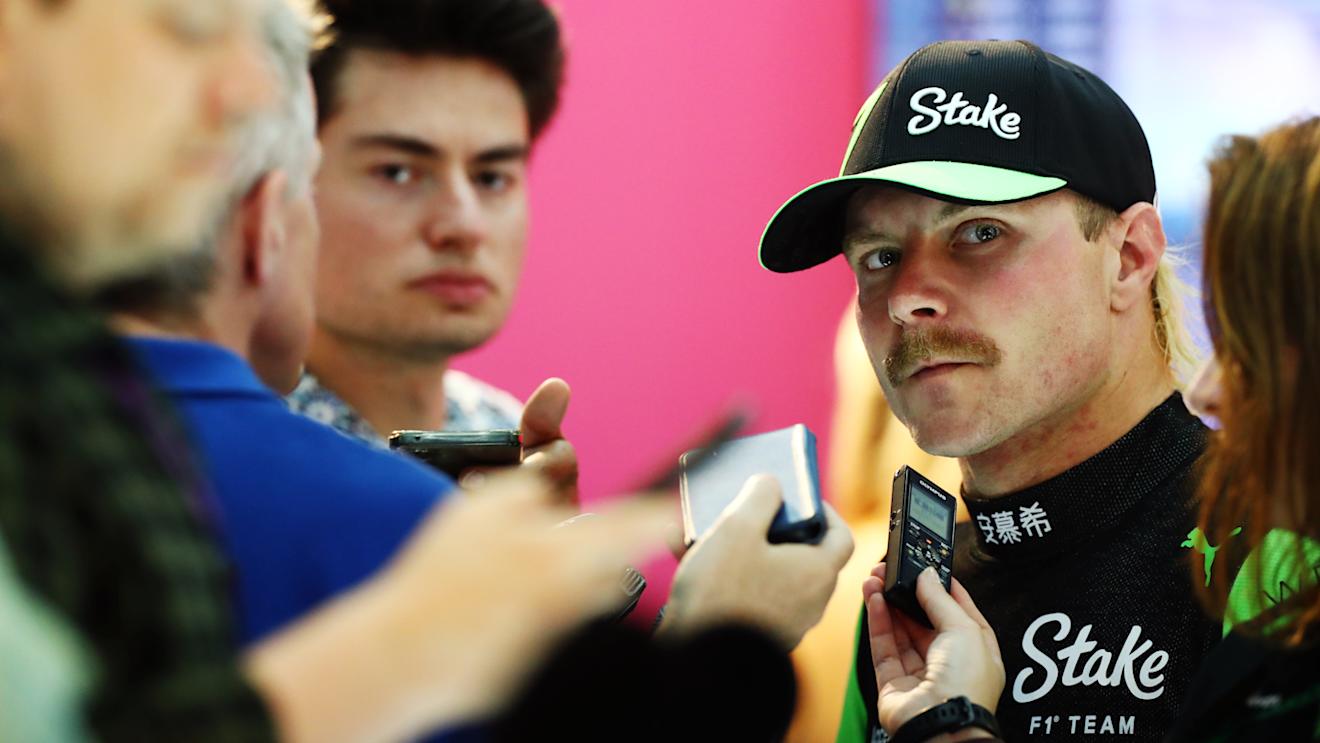 JEDDAH, SAUDI ARABIA - MARCH 08: 16th placed qualifier Valtteri Bottas of Finland and Stake F1 Team Kick Sauber talks to the media in the Paddock during qualifying ahead of the F1 Grand Prix of Saudi Arabia at Jeddah Corniche Circuit on March 08, 2024 in Jeddah, Saudi Arabia. (Photo by Peter Fox - Formula 1/Formula 1 via Getty Images)